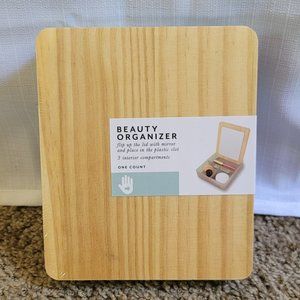 Beauty Organizer with Mirror, Bamboo Lid, Transparent Cool Gray Body, 3 Compartm